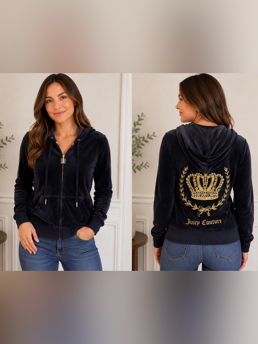 NWT Juicy Couture Navy Velour Hoodie with Gold Crown Back